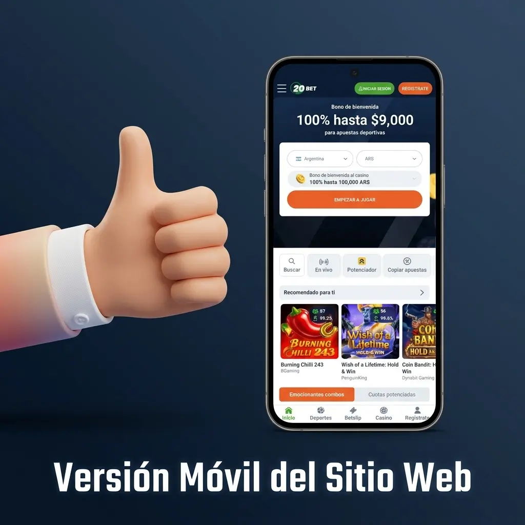 Versión móvil de 20bet optimizada para pantallas táctiles en Argentina, compatible con Chrome, Safari y Firefox