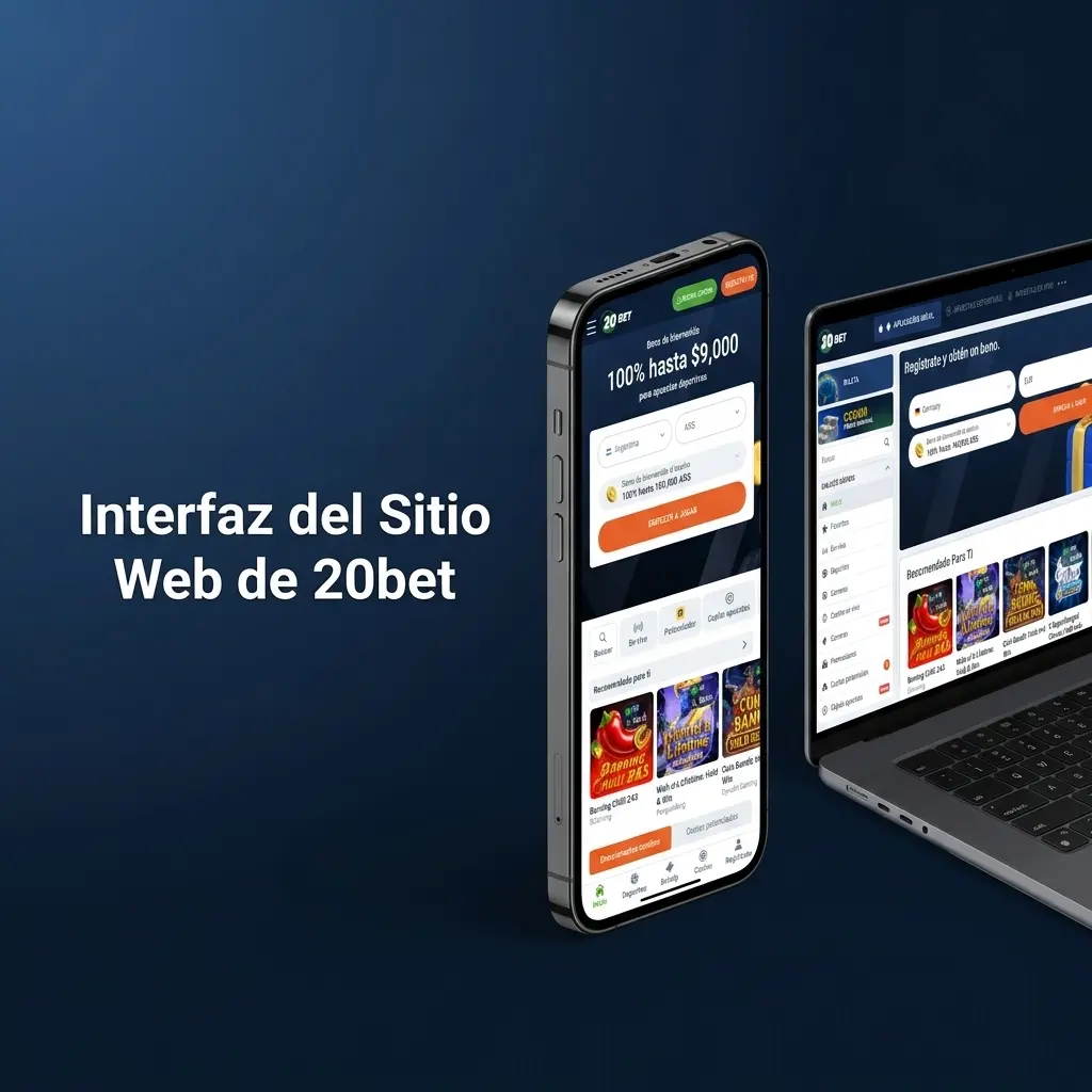 Interfaz del sitio web de 20bet con barra de navegación superior y secciones de apuestas, casino y eSports
